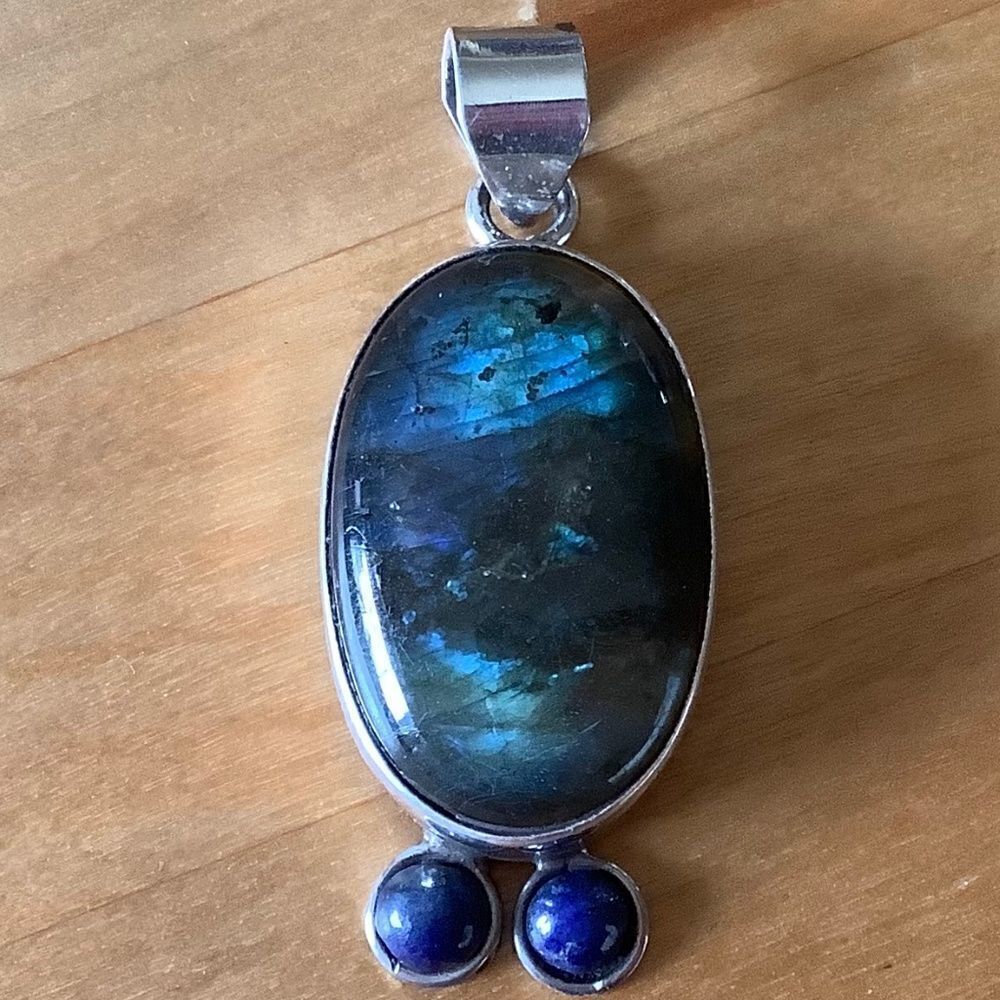 NWOT Sterling SILVER 925 LABRADORITE/LAPIS OVAL PENDANT​​ - Picture 6 of 8